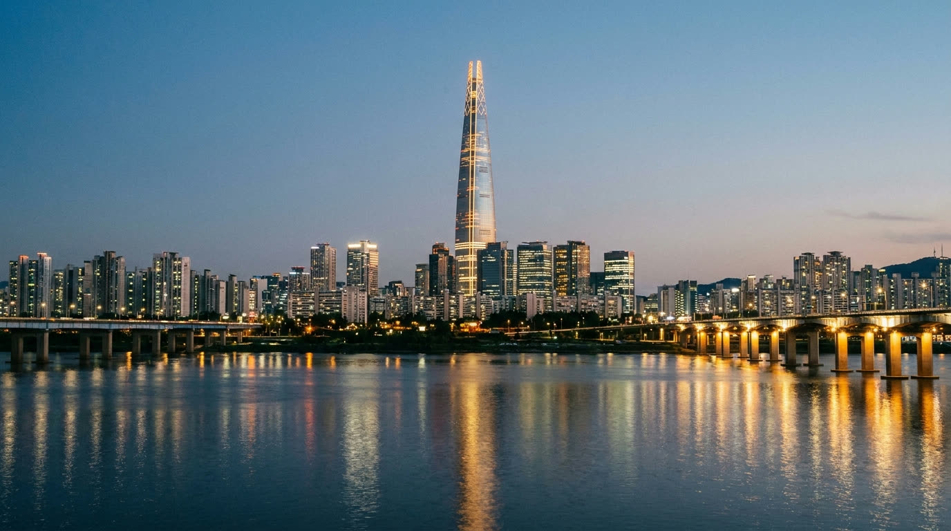 The Seoul skyline across the Han River at dusk with a supertall tower glowing among high-rises