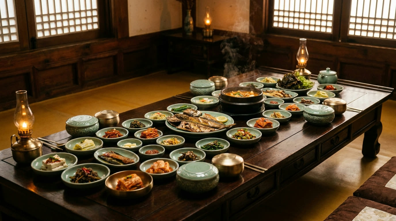 An elegant Korean hanjeongsik table of celadon and brass dishes with banchan, grilled fish and soup