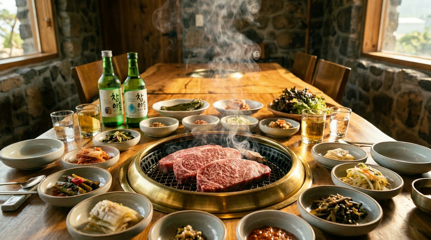Marbled hanwoo beef on a brass grill with banchan and soju glasses in warm light