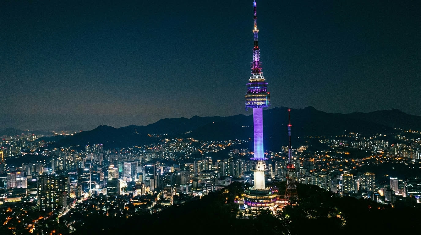 Seoul at night from Namsan with the illuminated tower above an ocean of city lights