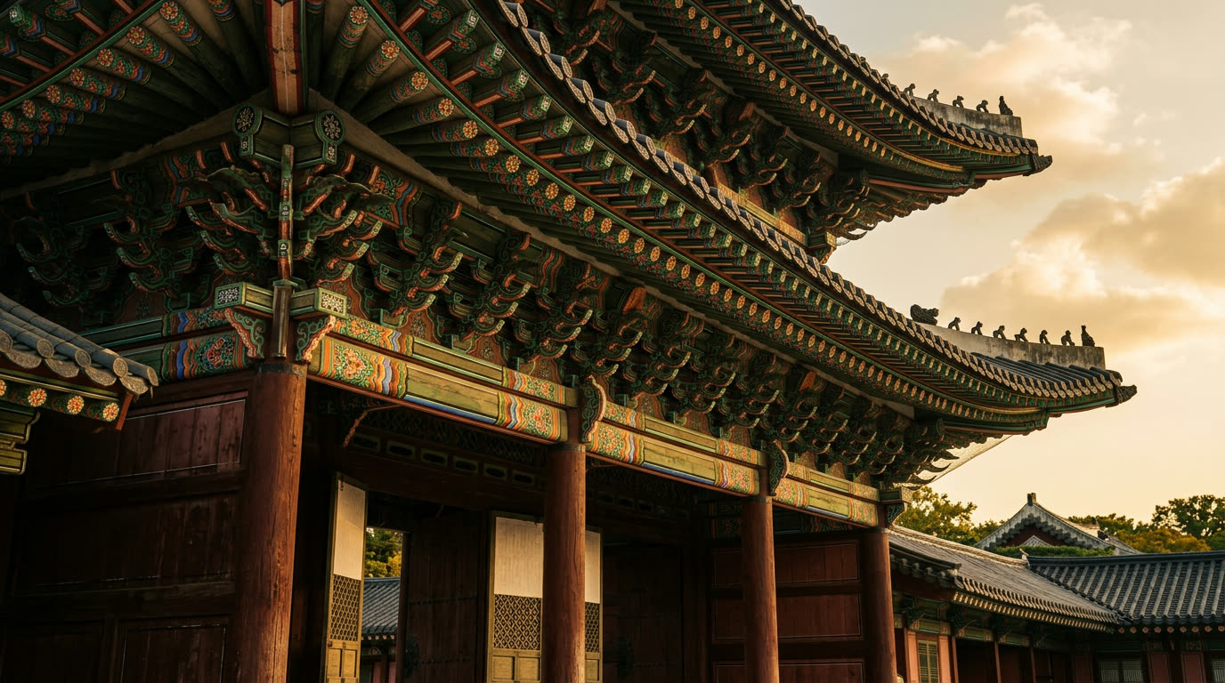 Ornate painted dancheong eaves of a Korean royal palace hall in golden light