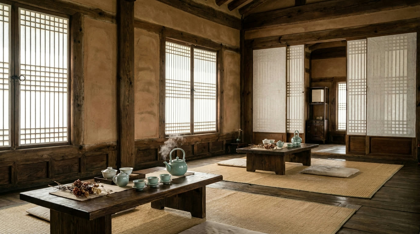 A serene traditional Korean tea house interior with hanji paper windows and a celadon teapot