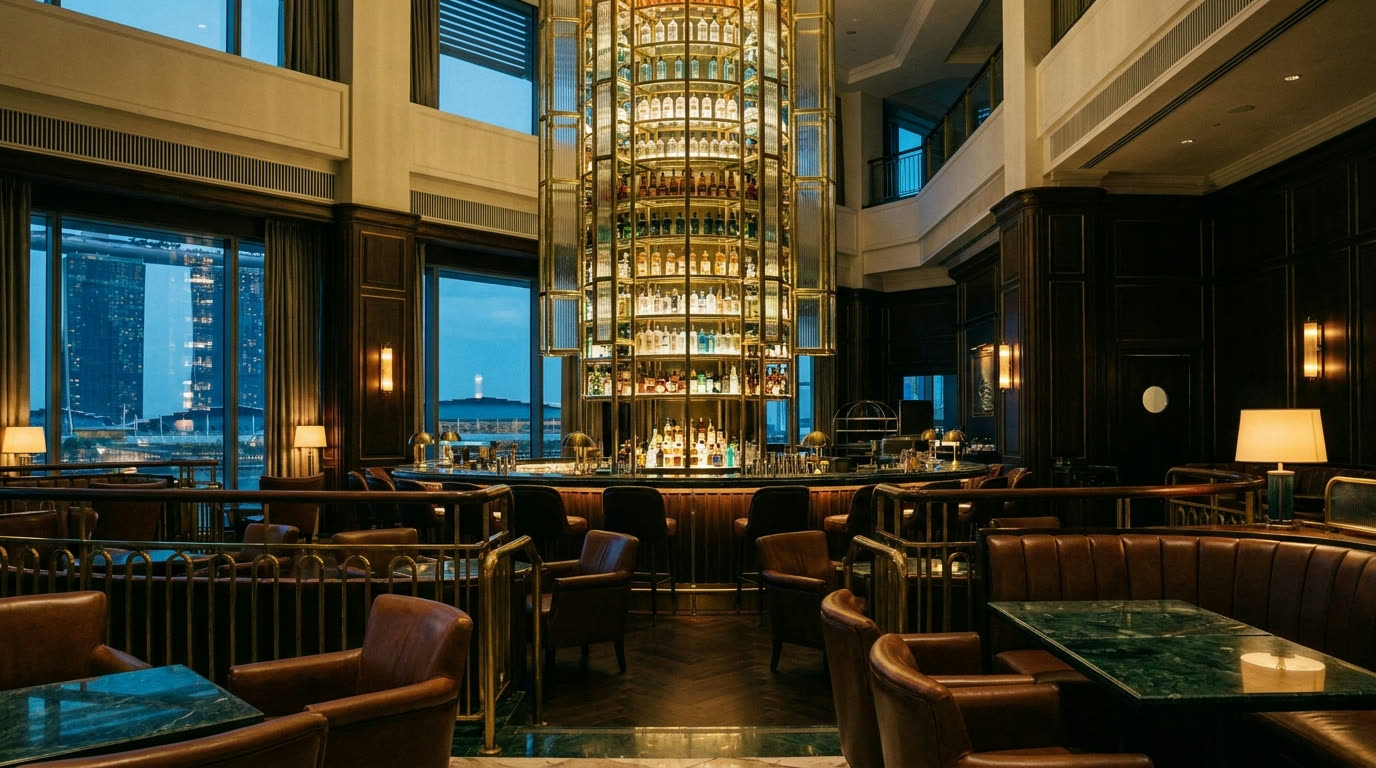 Art-deco bar interior with towering gin tower, Singapore