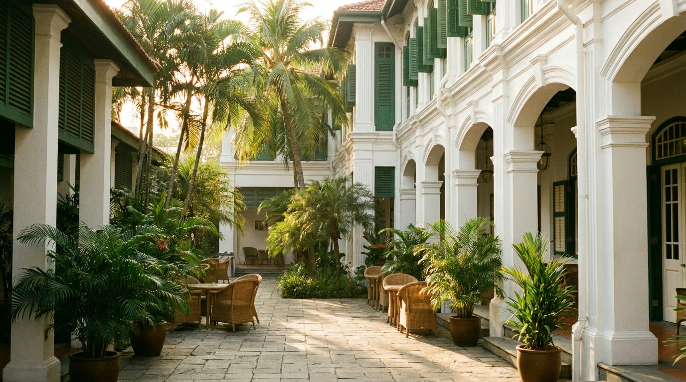 Colonial-era grand hotel courtyard with palms, Singapore