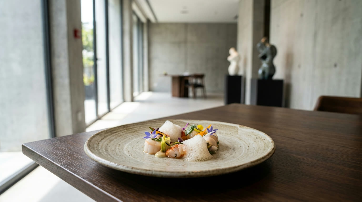 Refined French tasting course in an art-filled dining room, Singapore