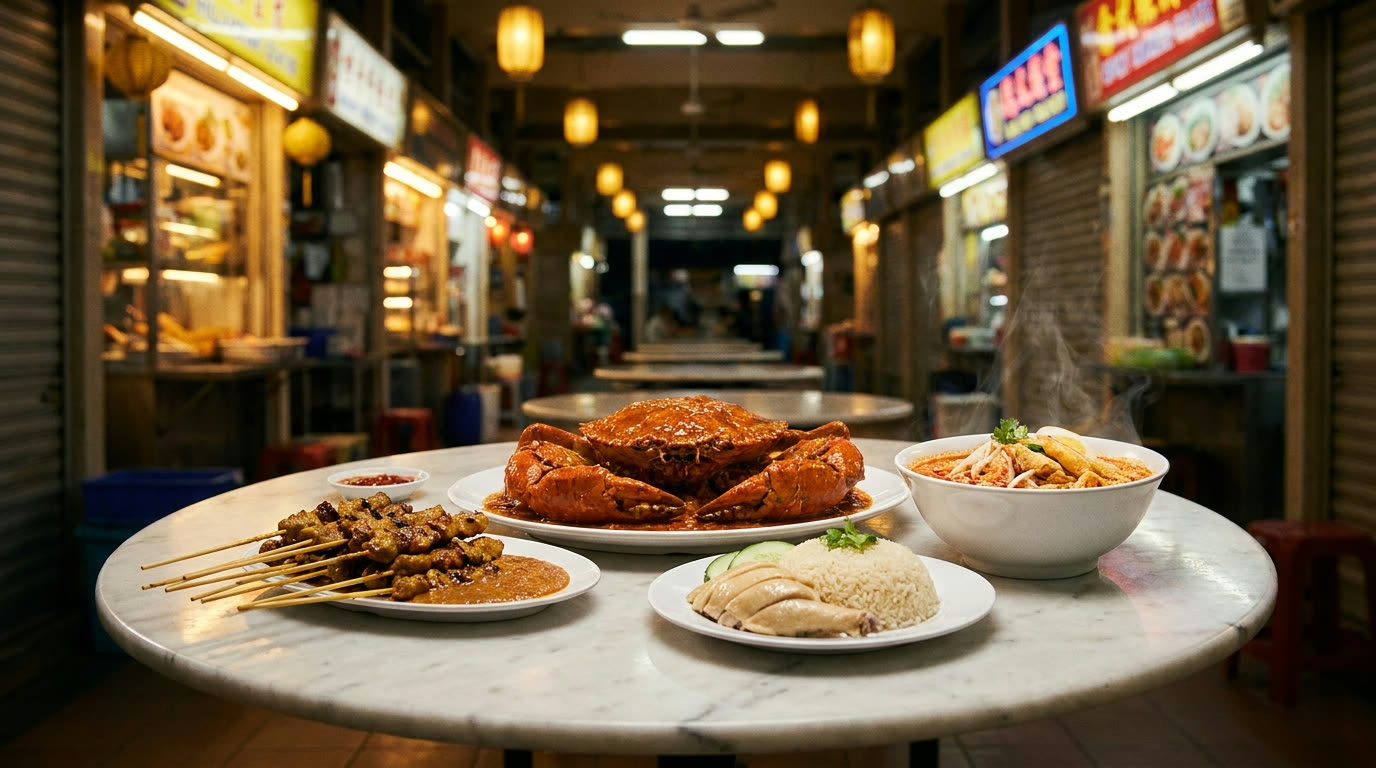 Chilli crab, satay, chicken rice and laksa hawker feast, Singapore