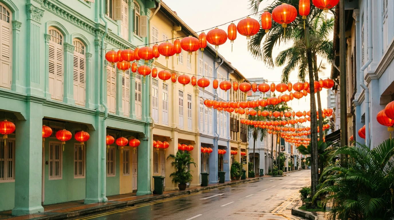 Pastel shophouse street with red lanterns in Chinatown, Singapore
