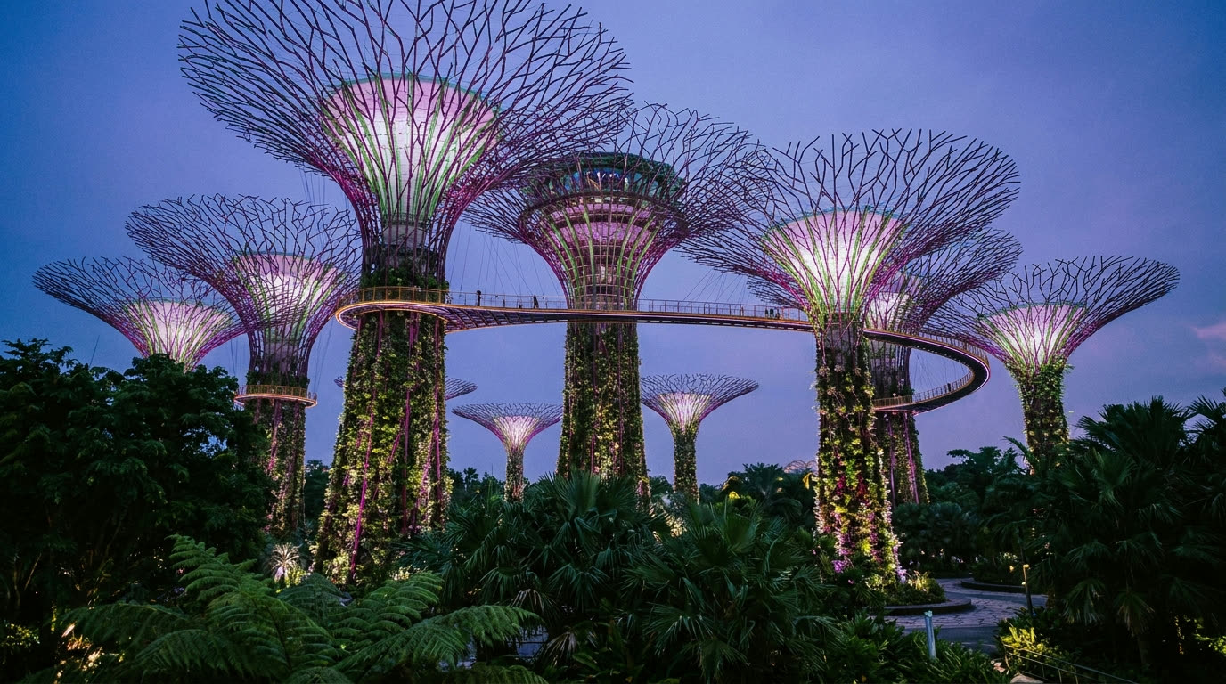 Supertree Grove at Gardens by the Bay at dusk, Singapore