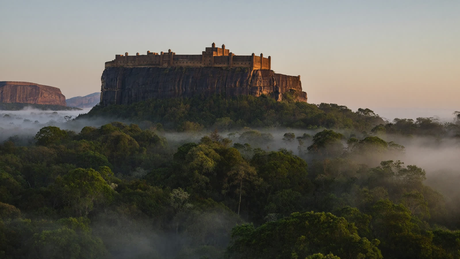 Sigiriya rock fortress rising above misty jungle at dawn, Sri Lanka