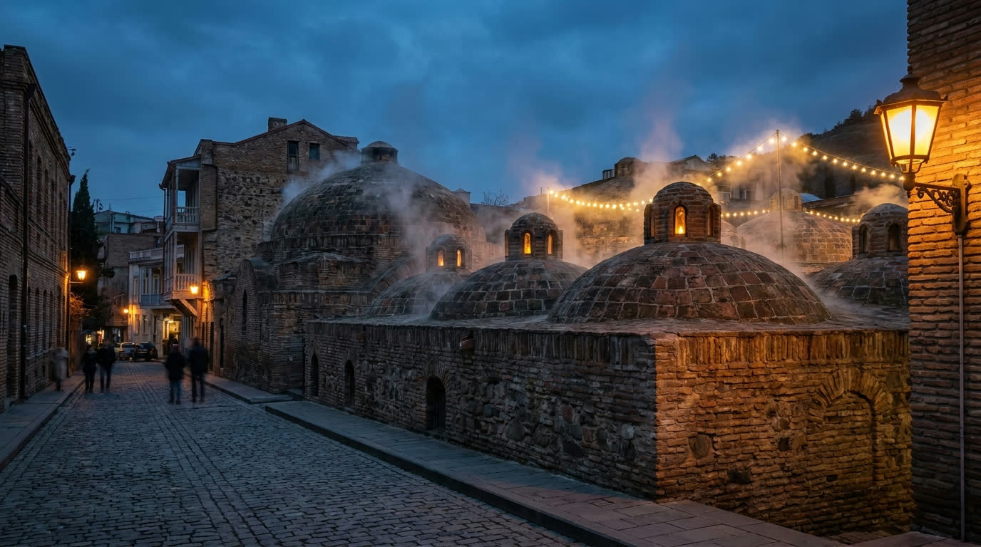 Brick domes of the Abanotubani sulphur baths steaming at evening
