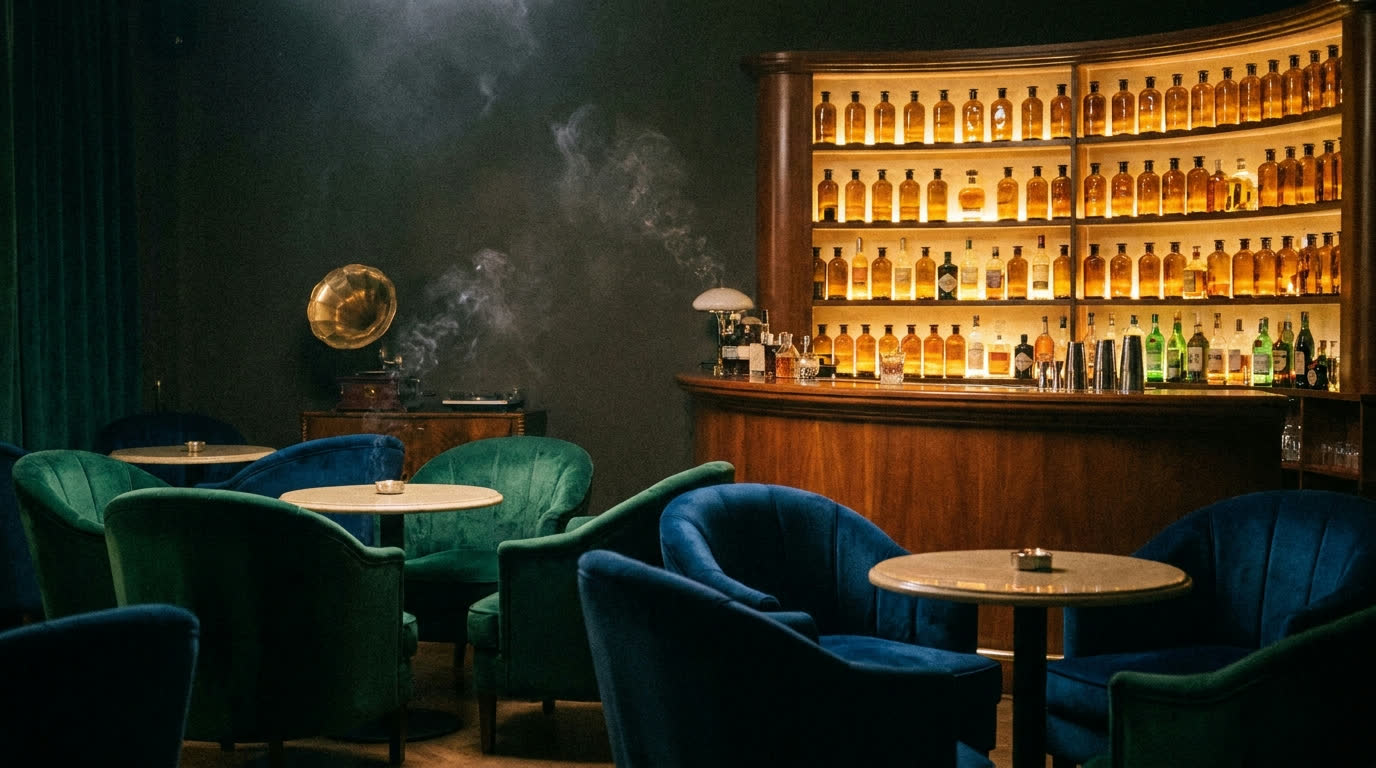 Moody cocktail bar with velvet chairs and backlit bottles in a restored Tbilisi building