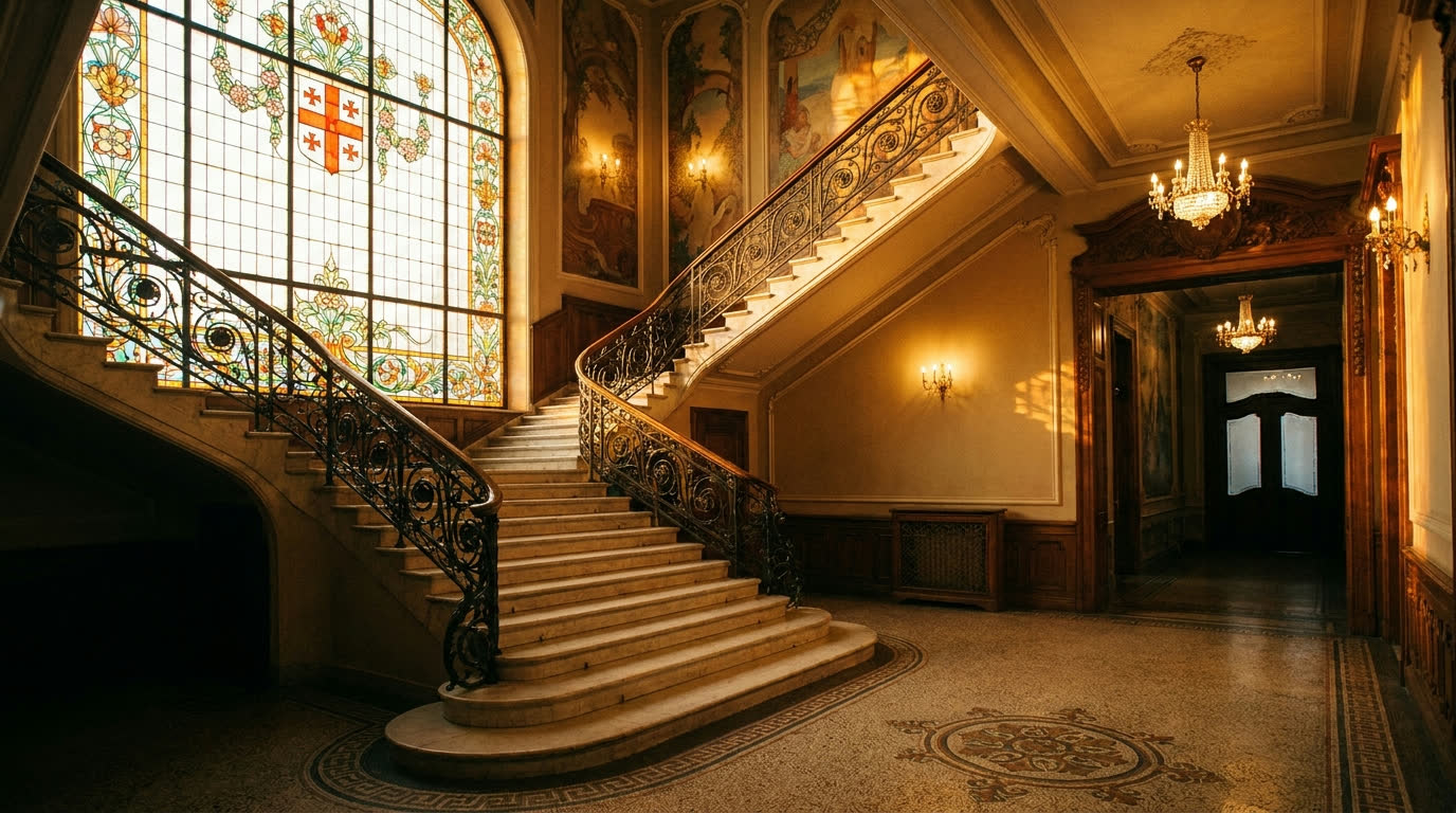 Grand staircase and stained glass in an elegant Tbilisi Art Nouveau interior