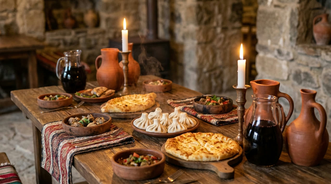 Georgian supra table with khinkali, khachapuri and clay pitchers of wine by candlelight