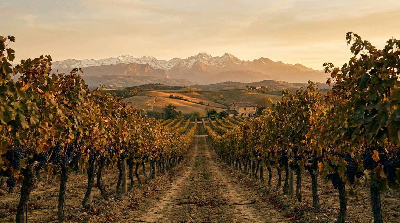 Vineyard rows in Kakheti at golden hour with the Caucasus on the horizon
