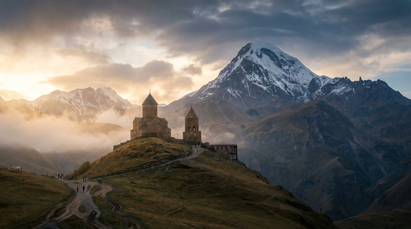 Gergeti Trinity Church on its hill before snow-capped Mount Kazbek