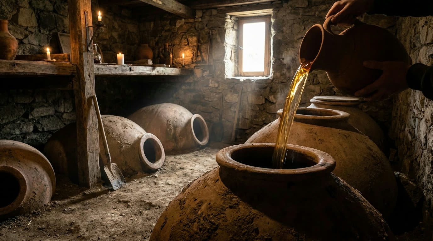 Buried qvevri clay wine vessels in a Georgian cellar with amber wine being poured