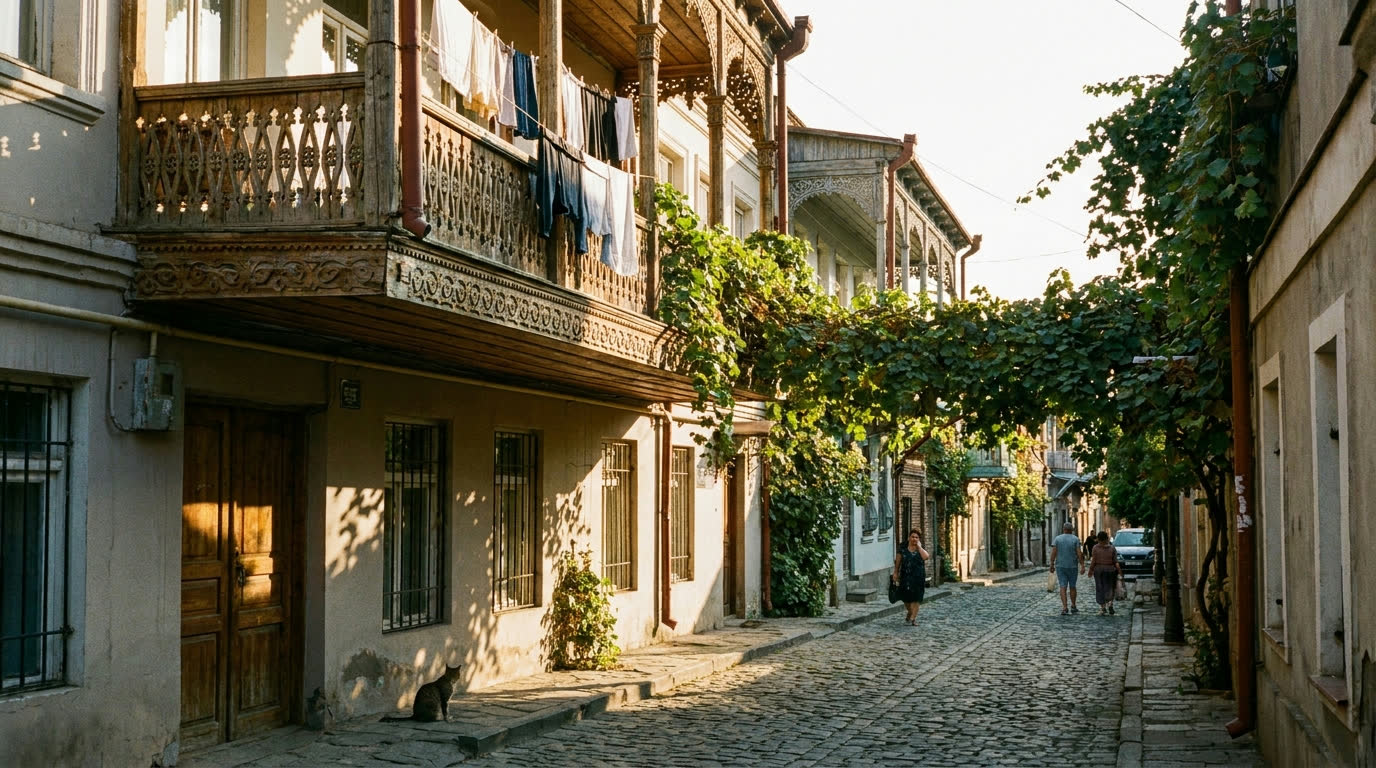 Carved wooden balconies of old Tbilisi houses over a cobbled lane in afternoon light