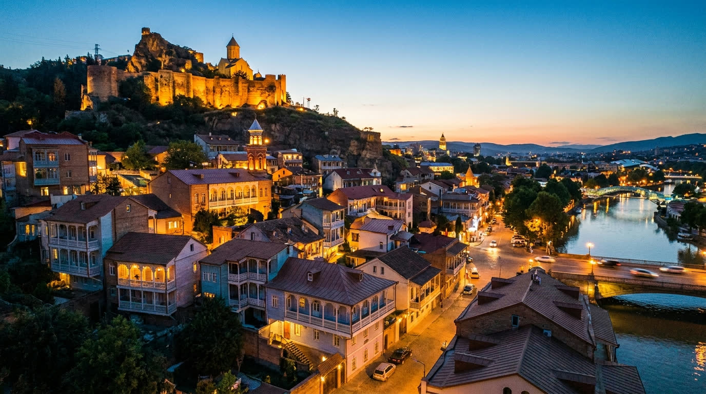 Tbilisi old town at dusk with pastel balconied houses below Narikala fortress