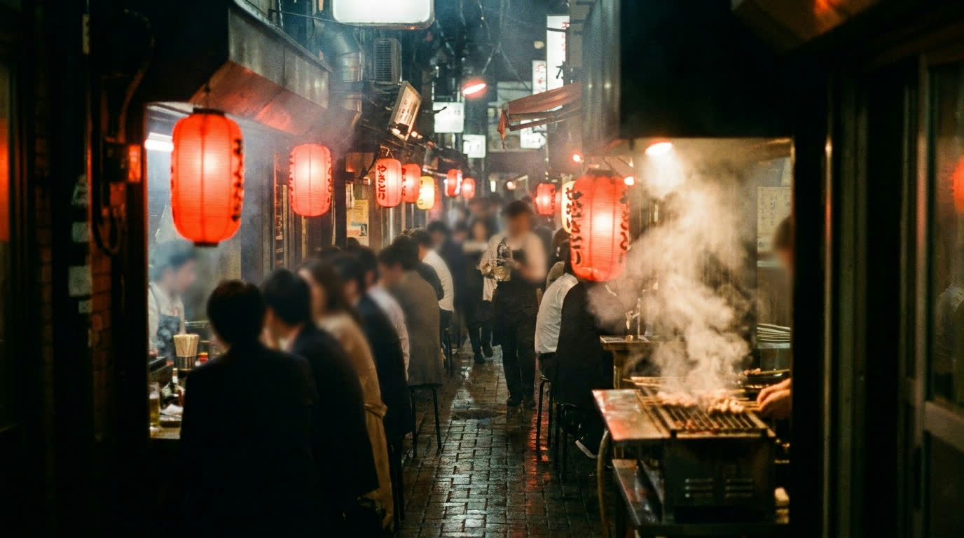Lantern-lit izakaya alley with yakitori smoke at night, Tokyo