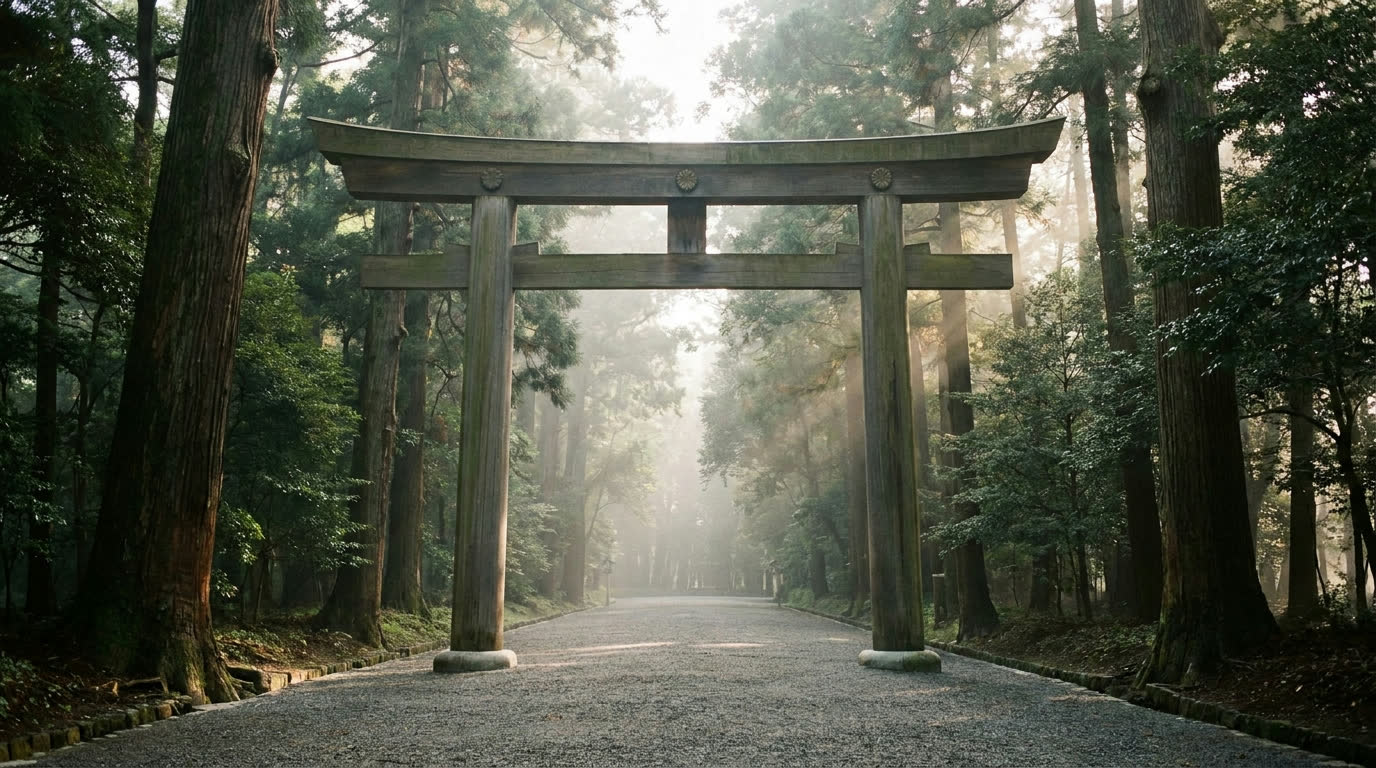 Giant wooden torii gate and forest path at Meiji Shrine, Tokyo, in morning mist