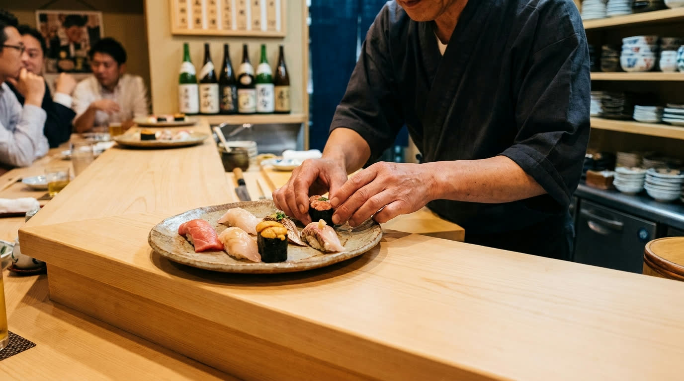 Nigiri on ceramic at a hinoki-wood omakase sushi counter, Tokyo