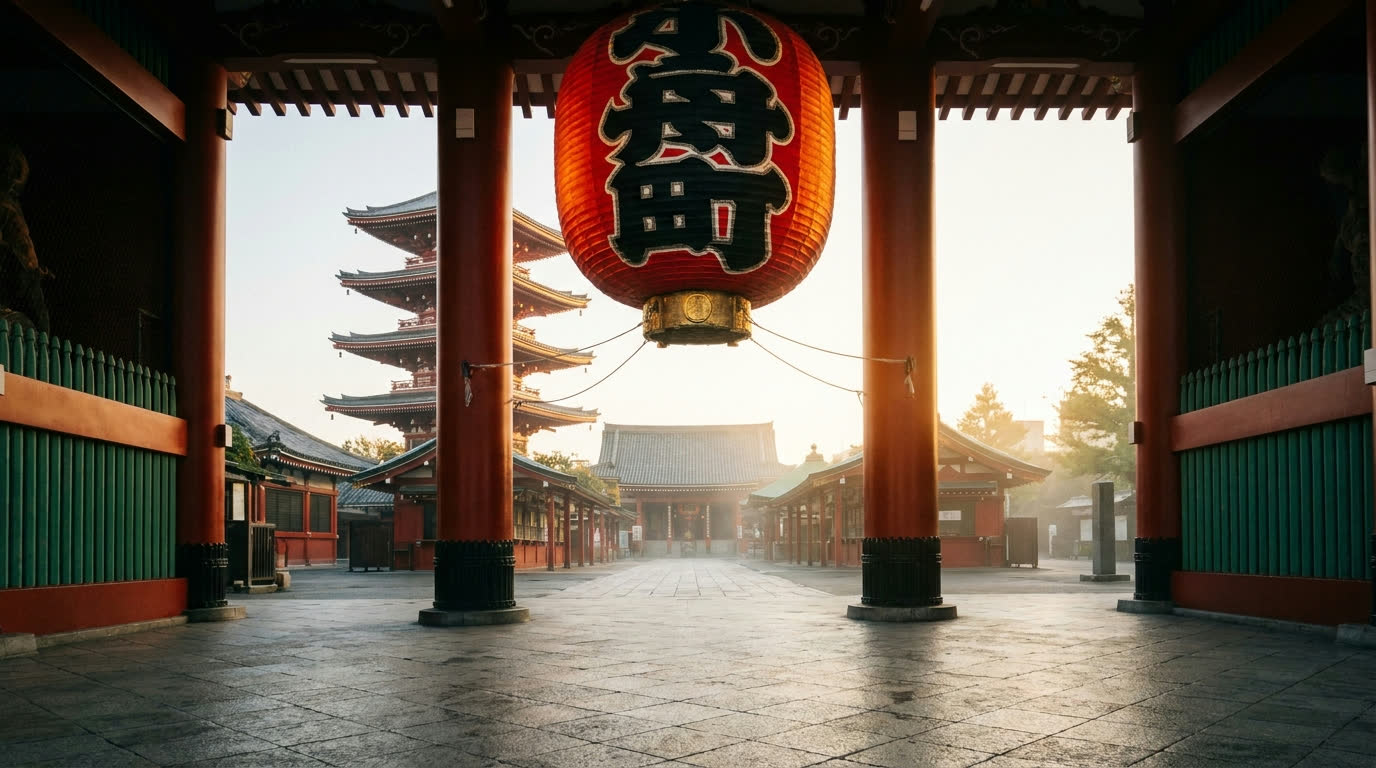 Senso-ji temple gate with its great red lantern and pagoda at dawn, Asakusa, Tokyo