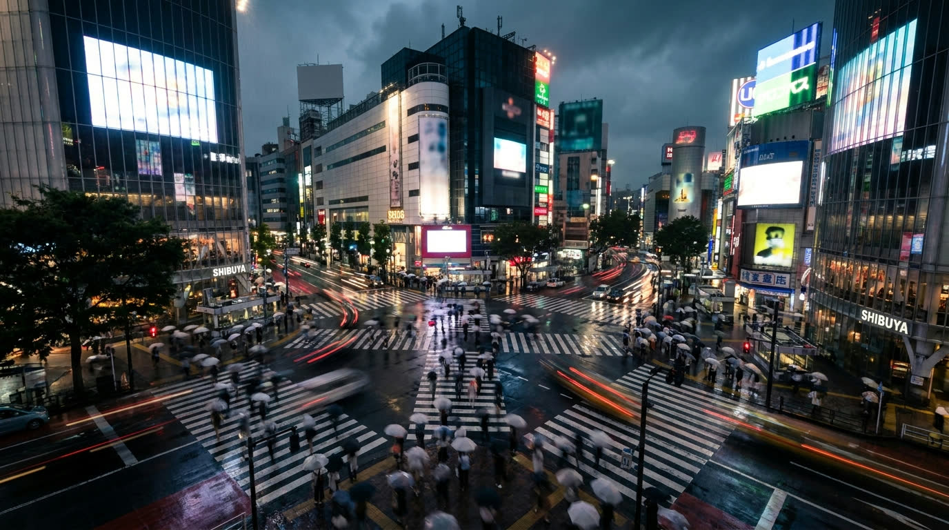 Shibuya scramble crossing at night from above with crowds and neon reflections, Tokyo