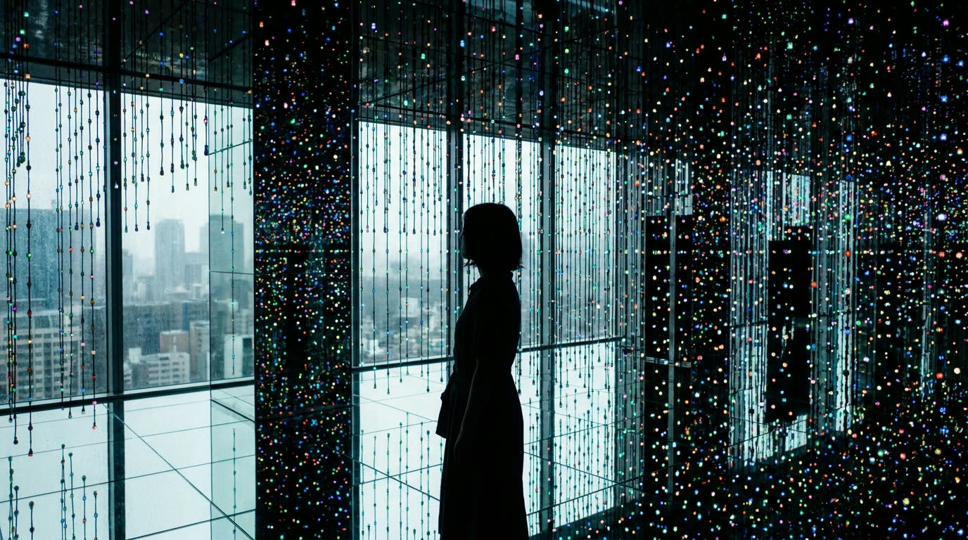 Immersive digital art installation of infinite hanging lights, Tokyo
