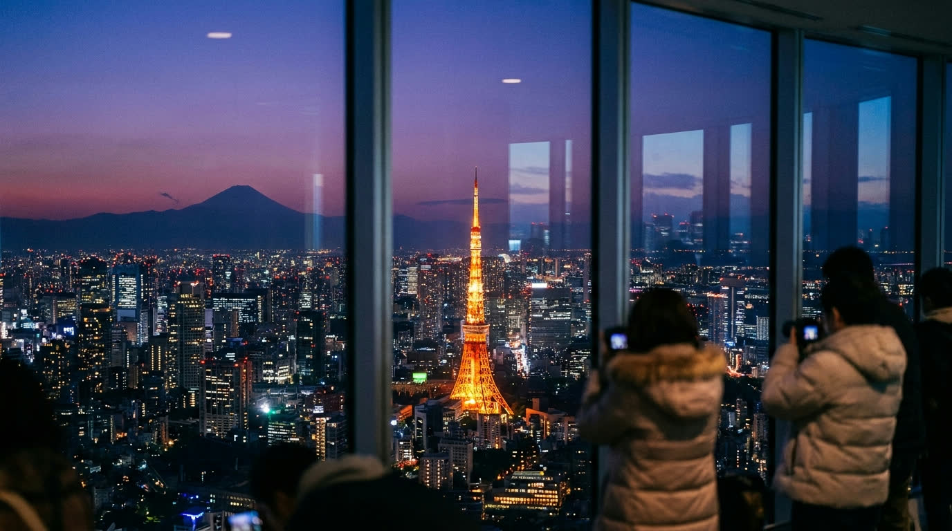 Tokyo skyline at dusk with Tokyo Tower glowing and Mount Fuji on the horizon