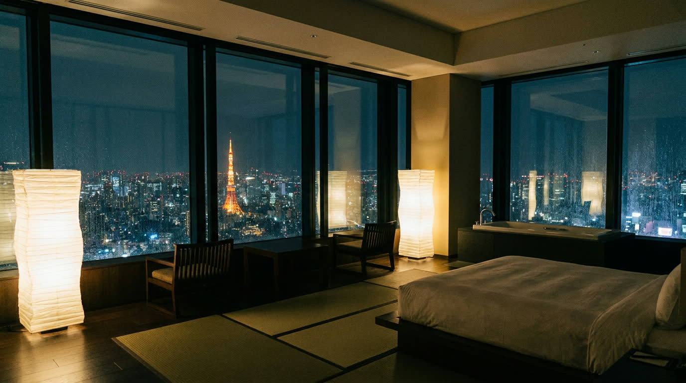 Minimalist luxury hotel suite with floor-to-ceiling windows over Tokyo's night skyline
