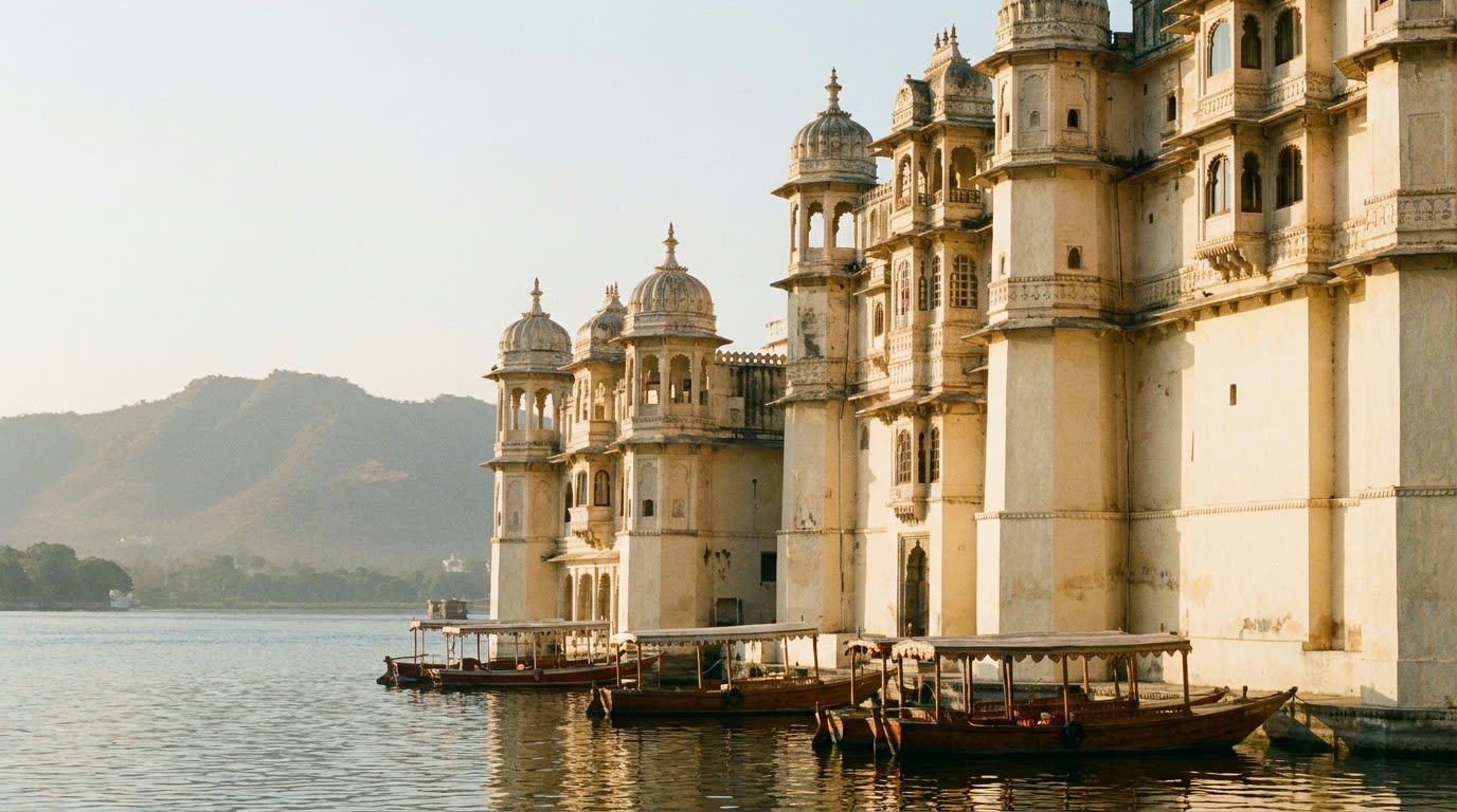 The cream stone towers and cupolas of Udaipur City Palace rising above Lake Pichola in morning light