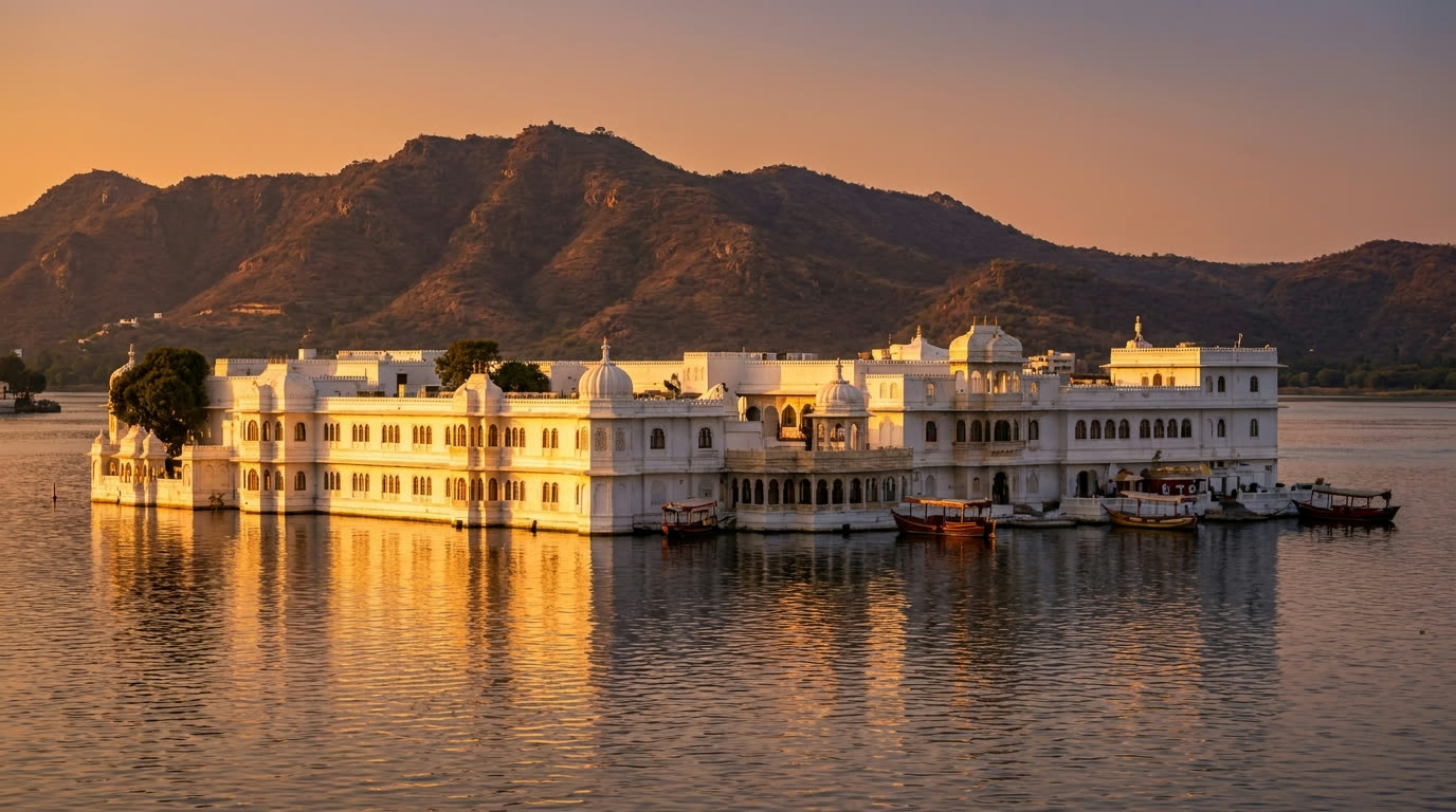 A white marble island palace on Lake Pichola in Udaipur at sunset with the Aravalli hills behind