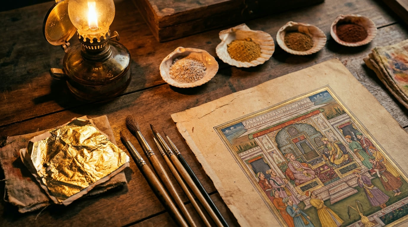 Fine brushes, gold leaf, pigment shells and an unfinished Rajasthani miniature painting on a workshop table