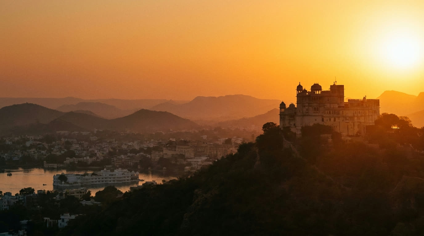 A hilltop palace silhouetted on an Aravalli ridge above Udaipur at sunset
