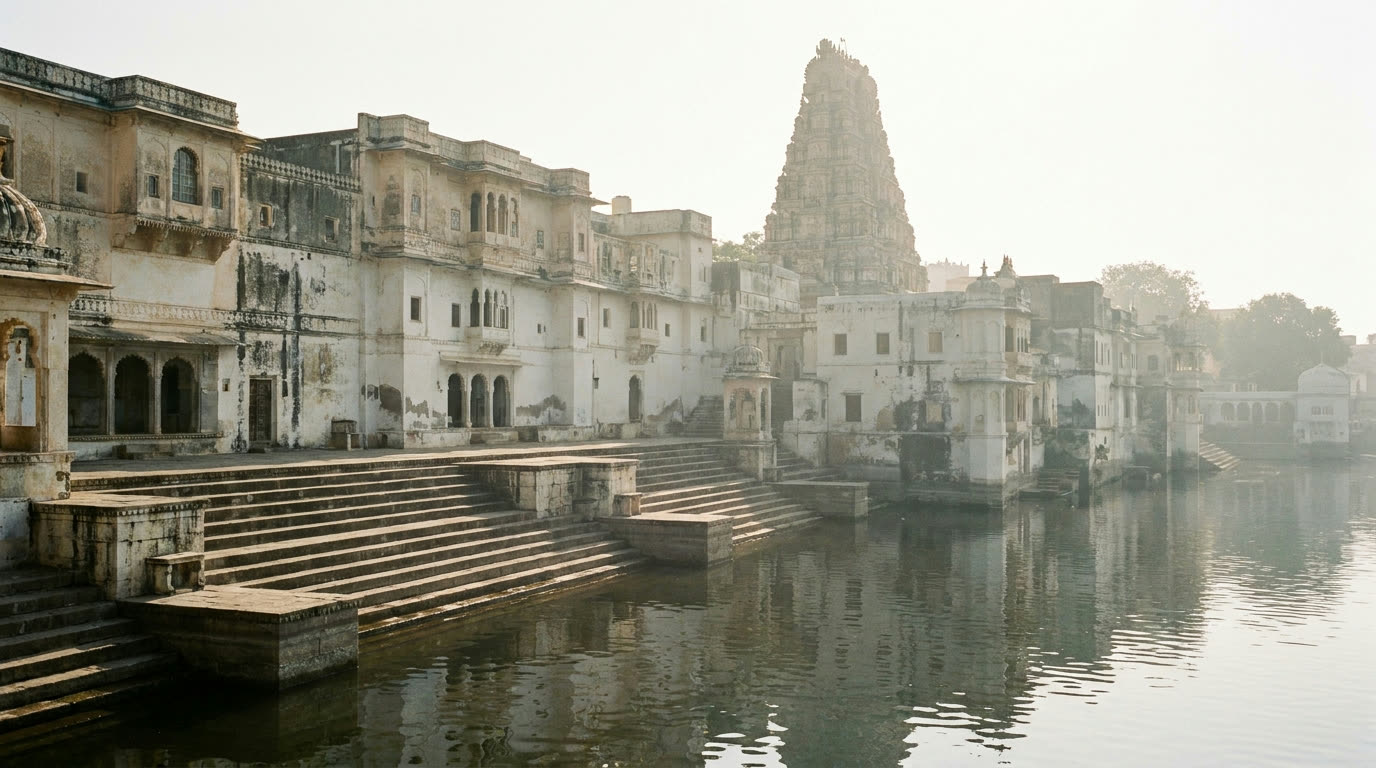 Whitewashed havelis and bathing ghats meeting calm lake water in early morning Udaipur