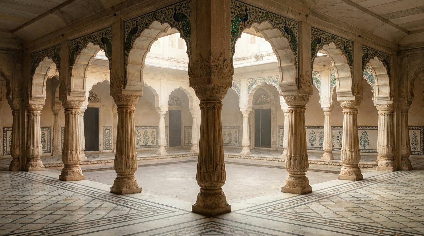 Scalloped marble arches and mirrored peacock mosaic niches in a Rajasthani palace courtyard