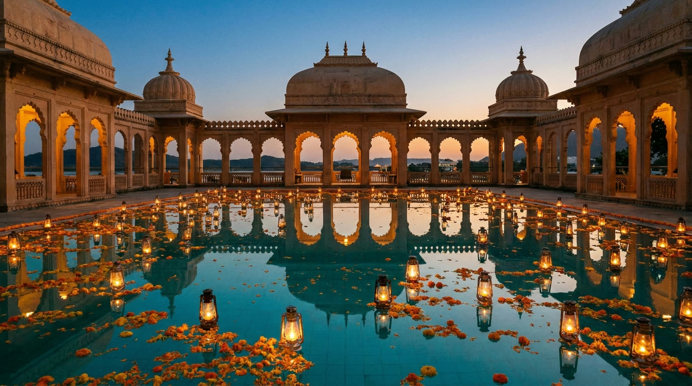 A palace hotel courtyard pool at dusk in Udaipur with scalloped arches and domes reflected in the water