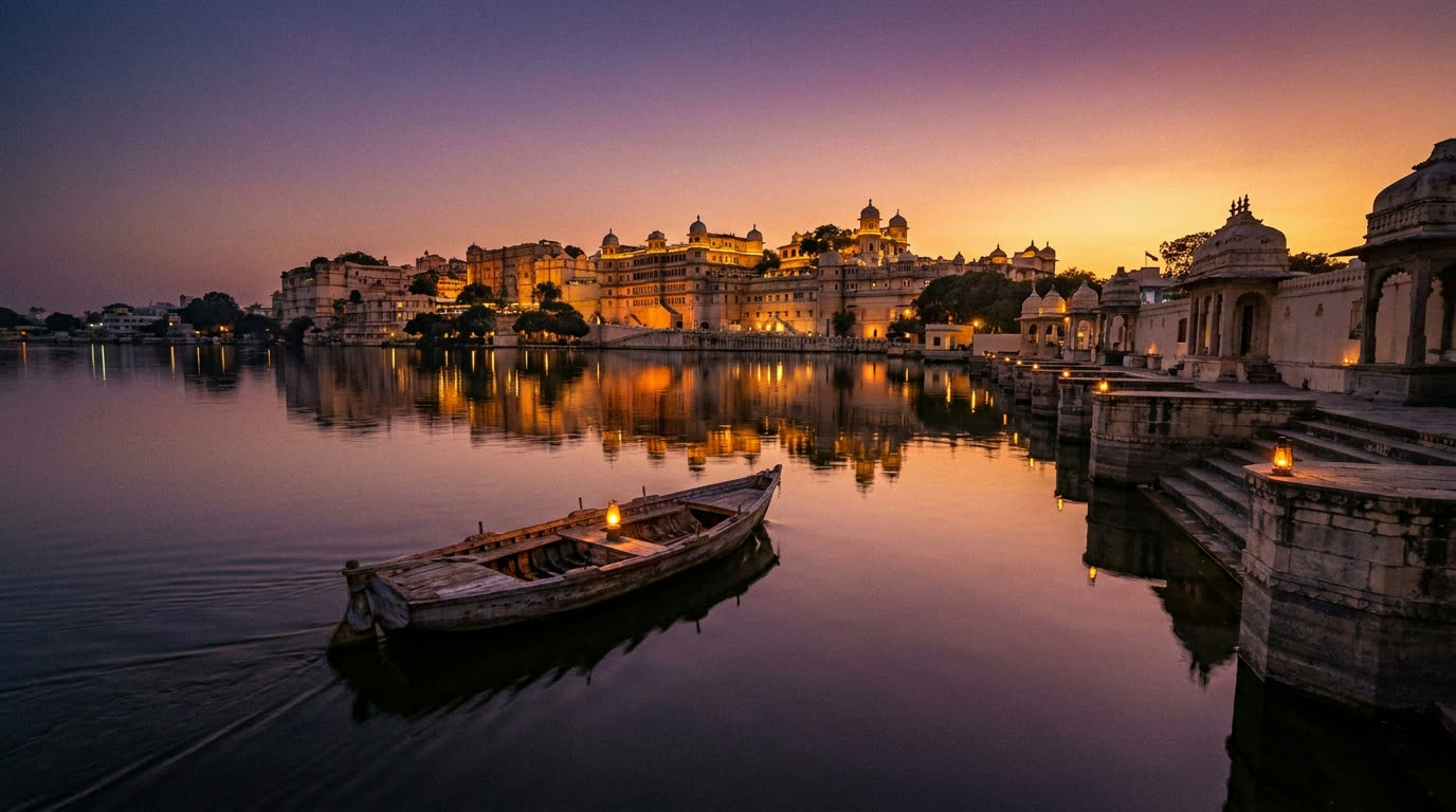 A wooden boat crossing Lake Pichola at dusk with the illuminated palace and ghats reflected