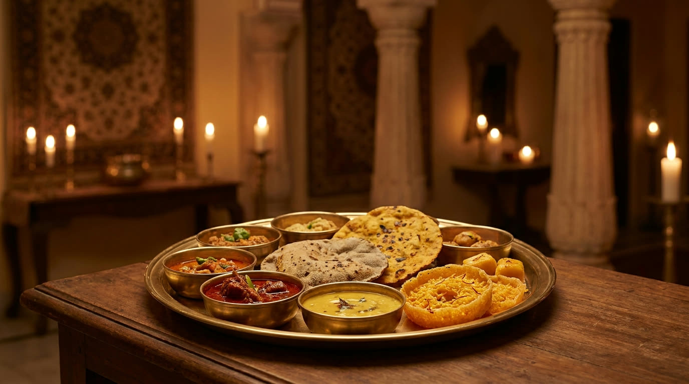 A royal Rajasthani thali on brass with laal maas, dal, breads and saffron sweets by candlelight