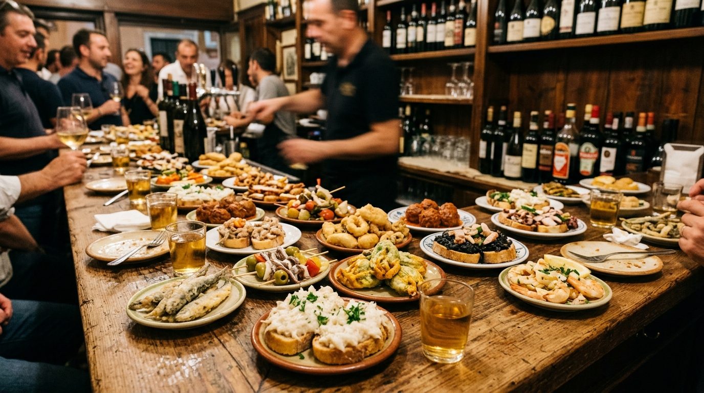 A Venetian bacaro counter crowded with cicchetti small plates and glasses of wine