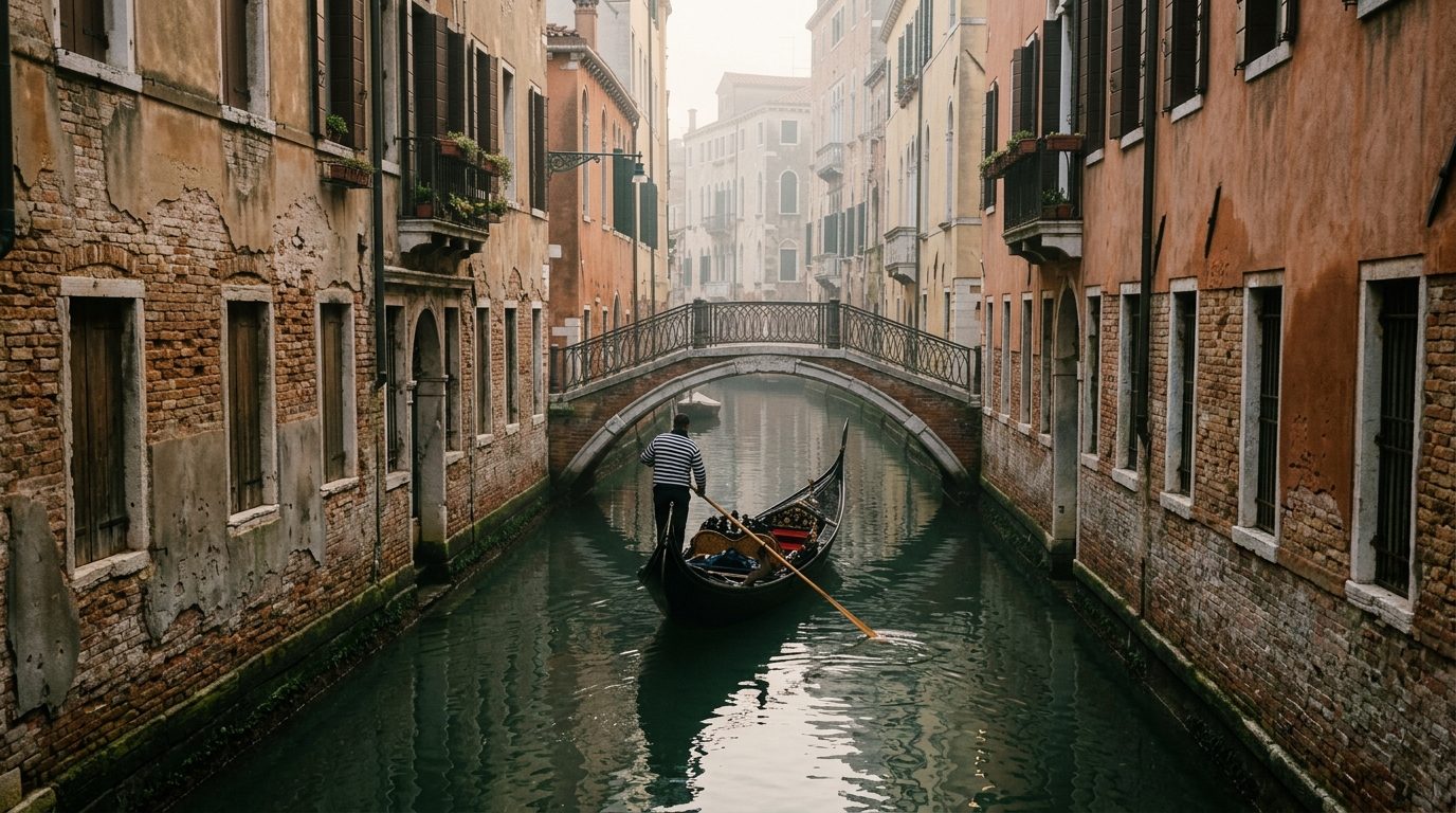 A gondola gliding through a narrow empty Venetian back canal at dawn between old brick palazzi