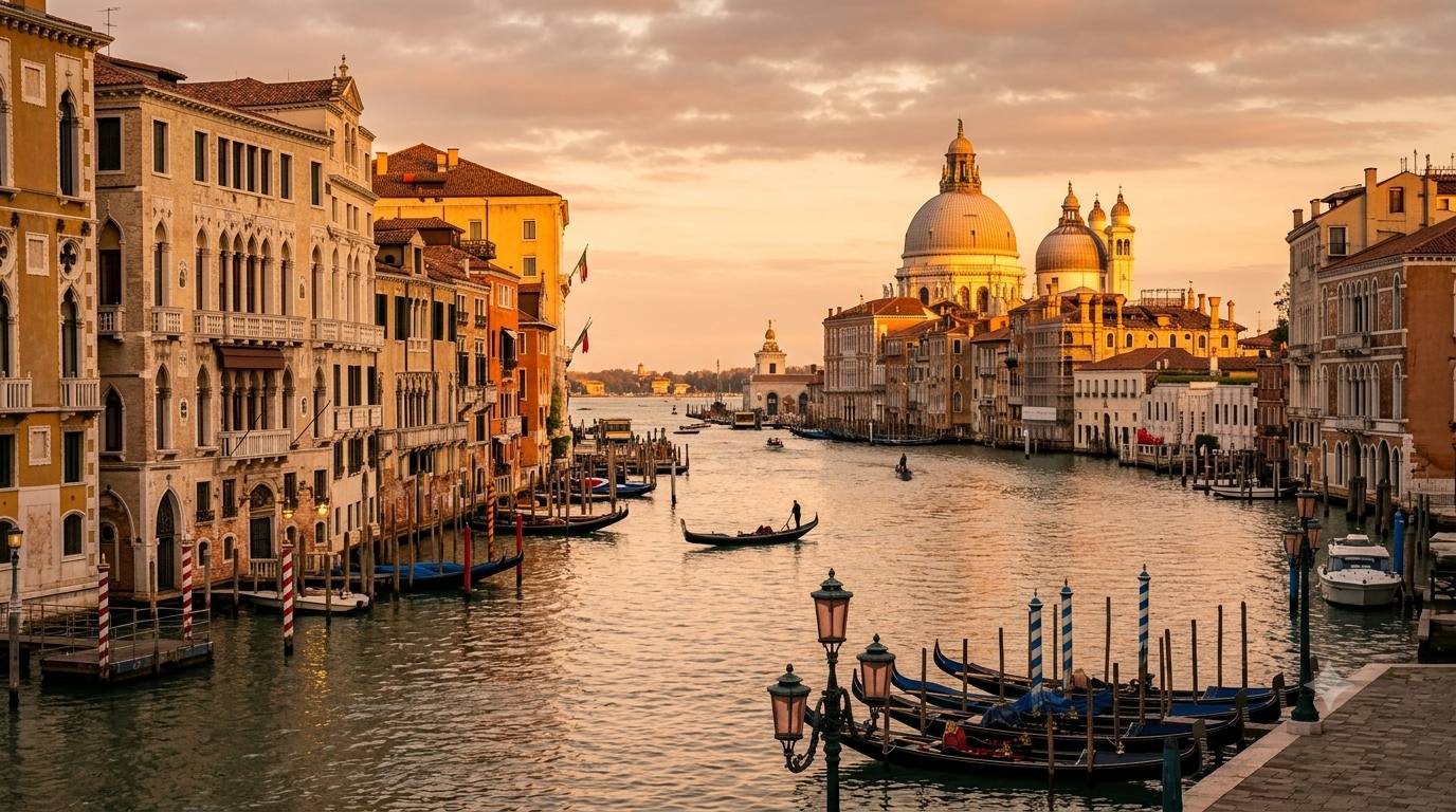 The Grand Canal at Venice with the domes of Santa Maria della Salute and moored gondolas in warm light