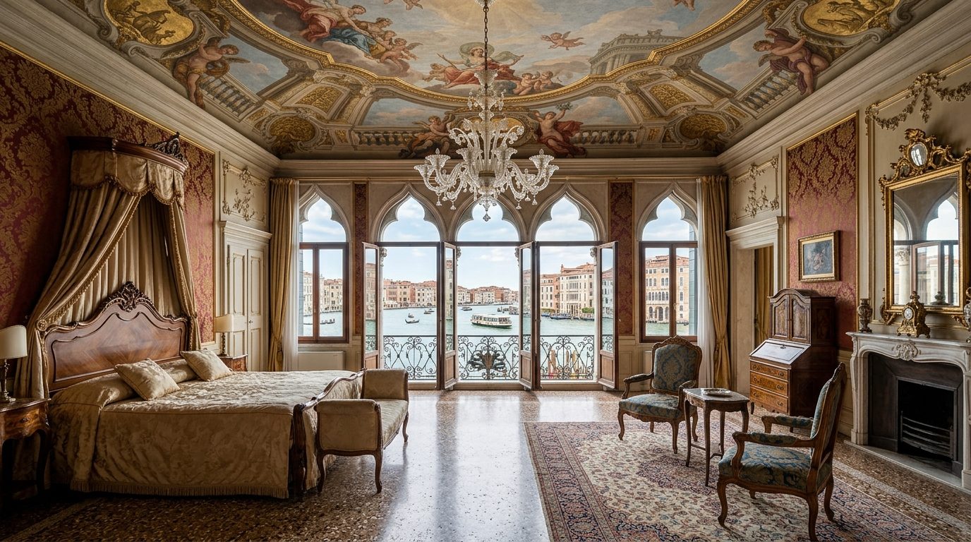 A grand Venetian palazzo hotel suite with frescoed ceiling, Murano chandelier and windows opening onto the Grand Canal