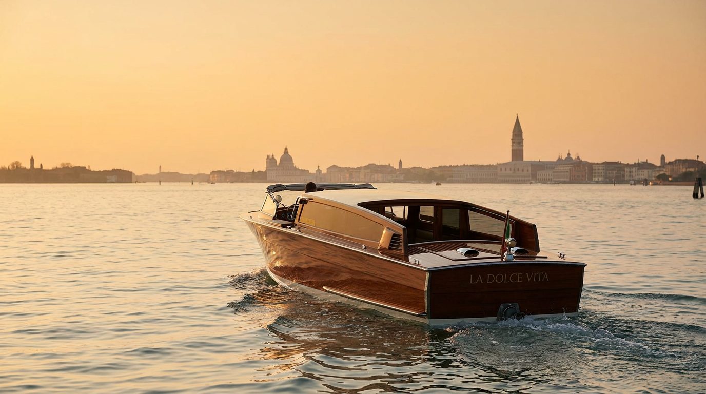 A polished wooden motoscafo water taxi crossing the Venetian lagoon with the city skyline behind