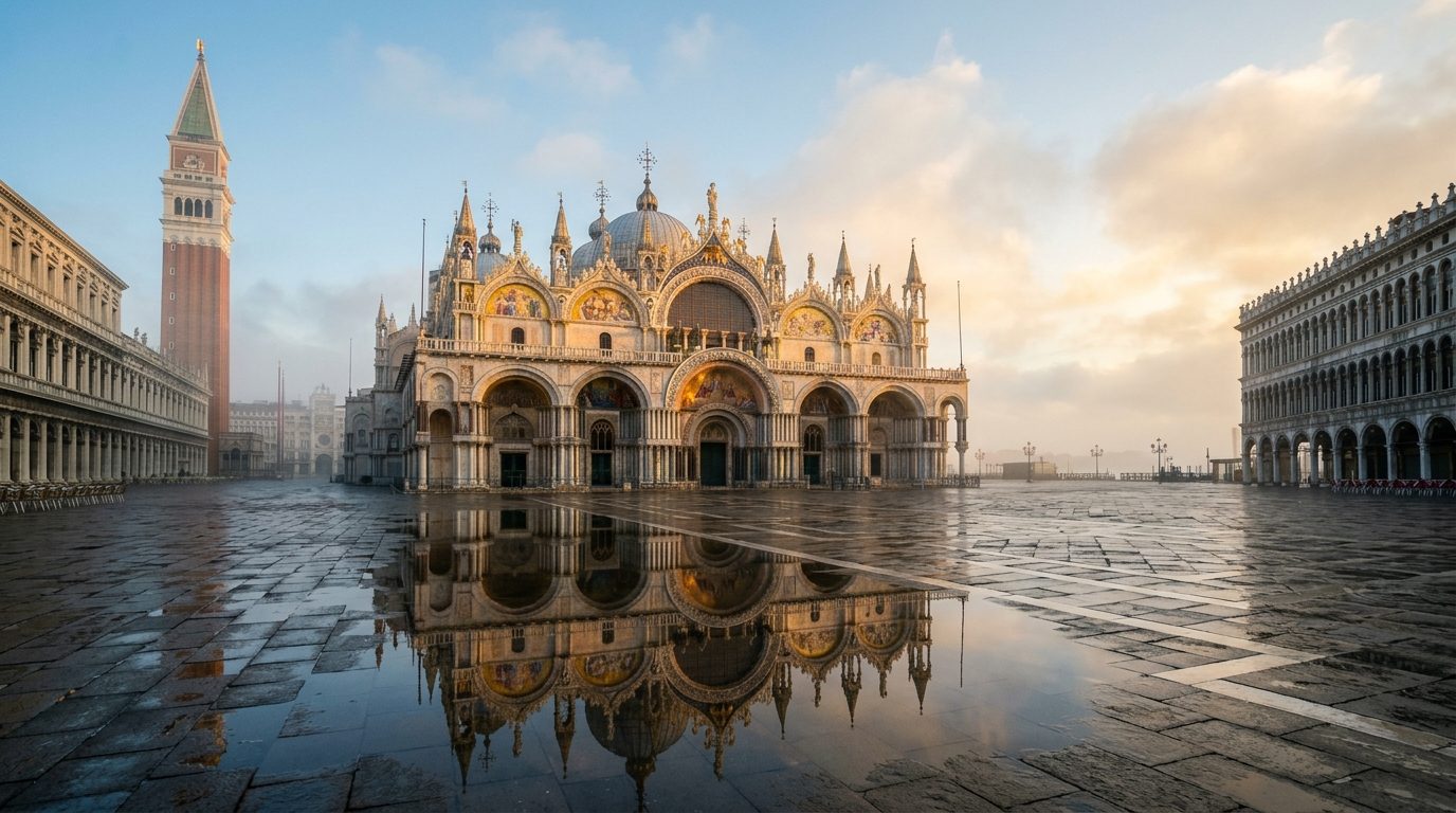 St Mark's Basilica and the Piazza San Marco at dawn, empty of crowds, golden mosaics catching early light