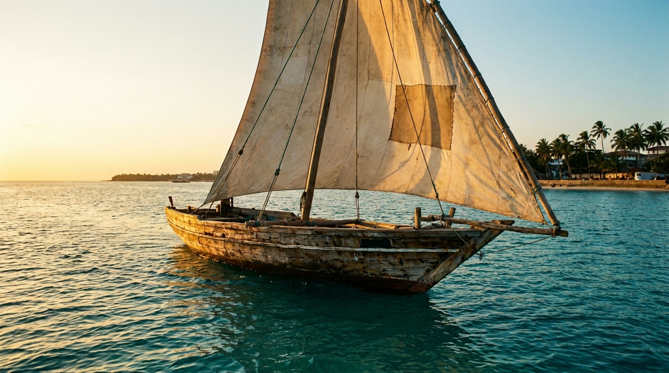 Traditional dhow sailing the Indian Ocean at sunset, Zanzibar
