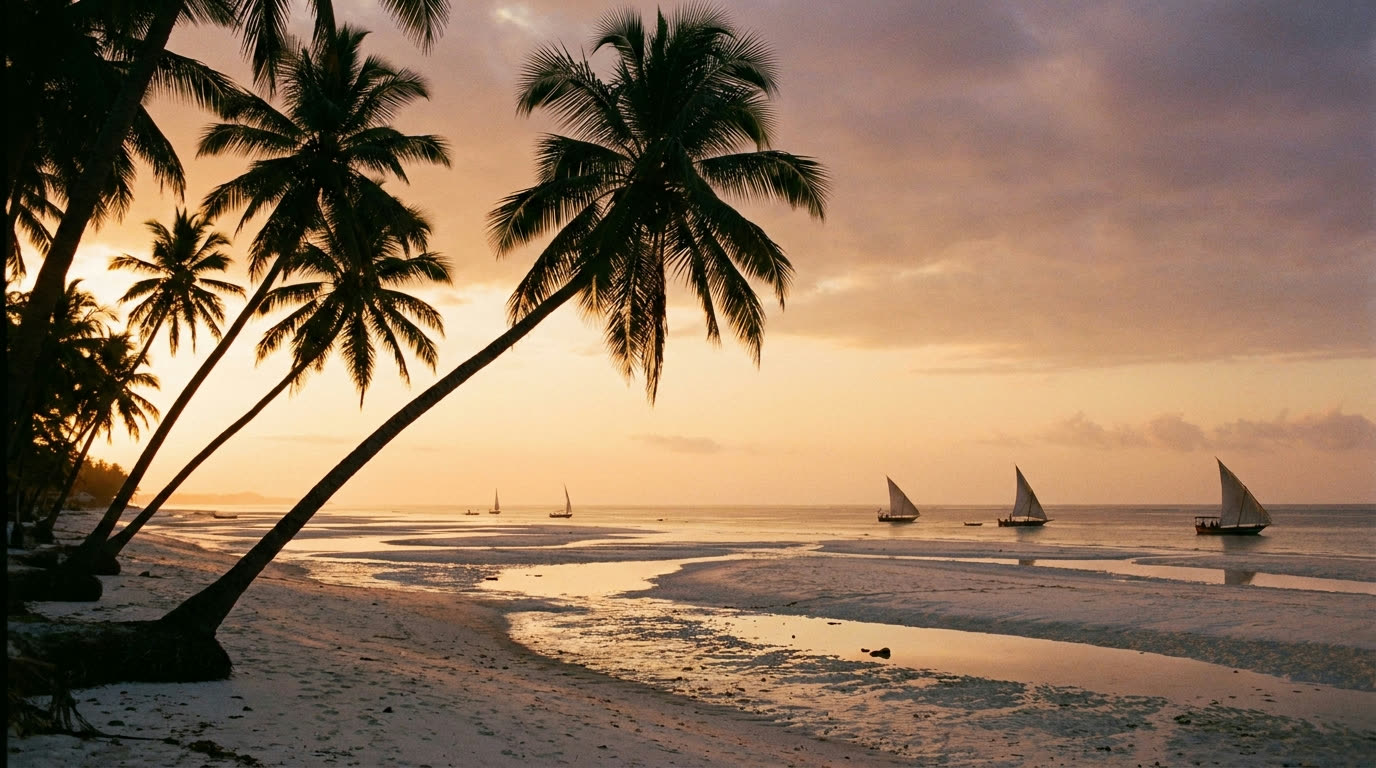 Nungwi beach with palms and white sand at golden hour, Zanzibar