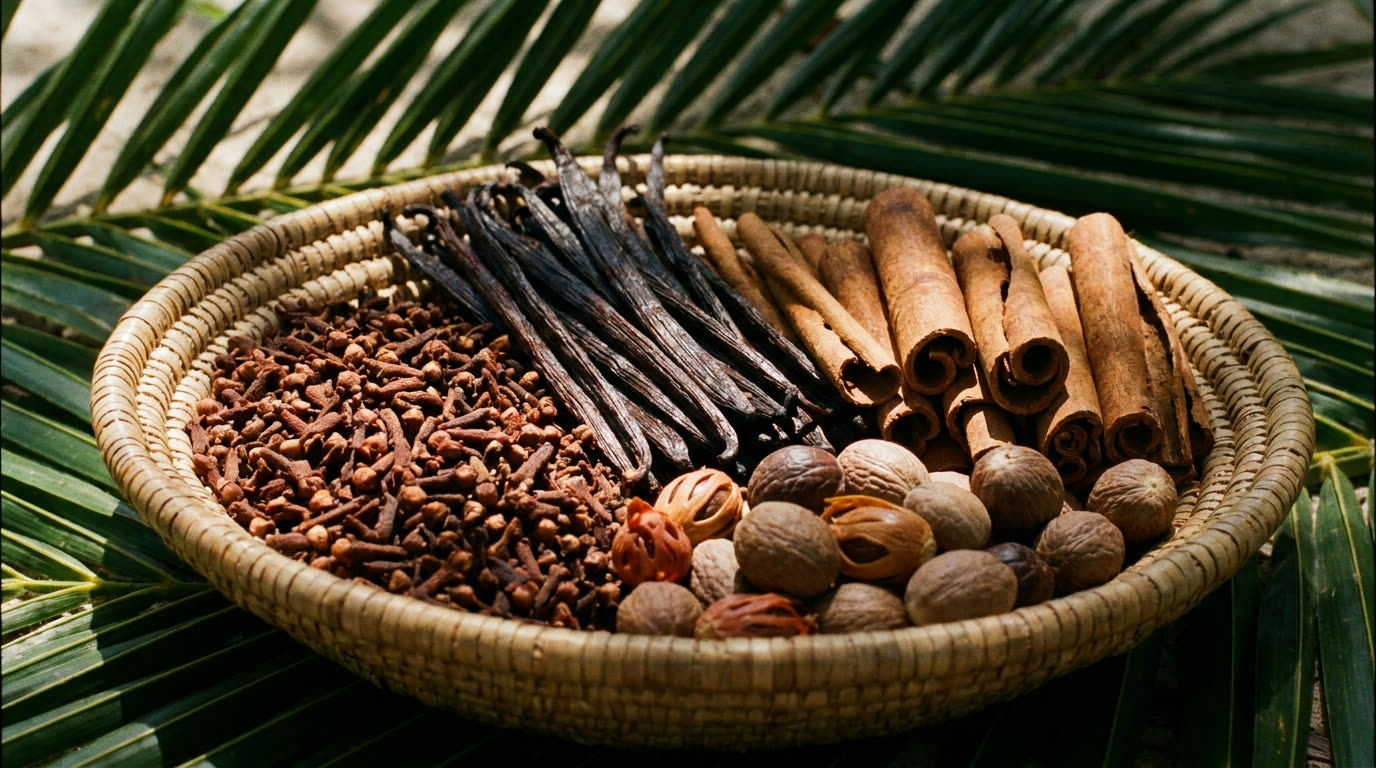Fresh cloves, vanilla, cinnamon and nutmeg in a woven basket, Zanzibar spice farm