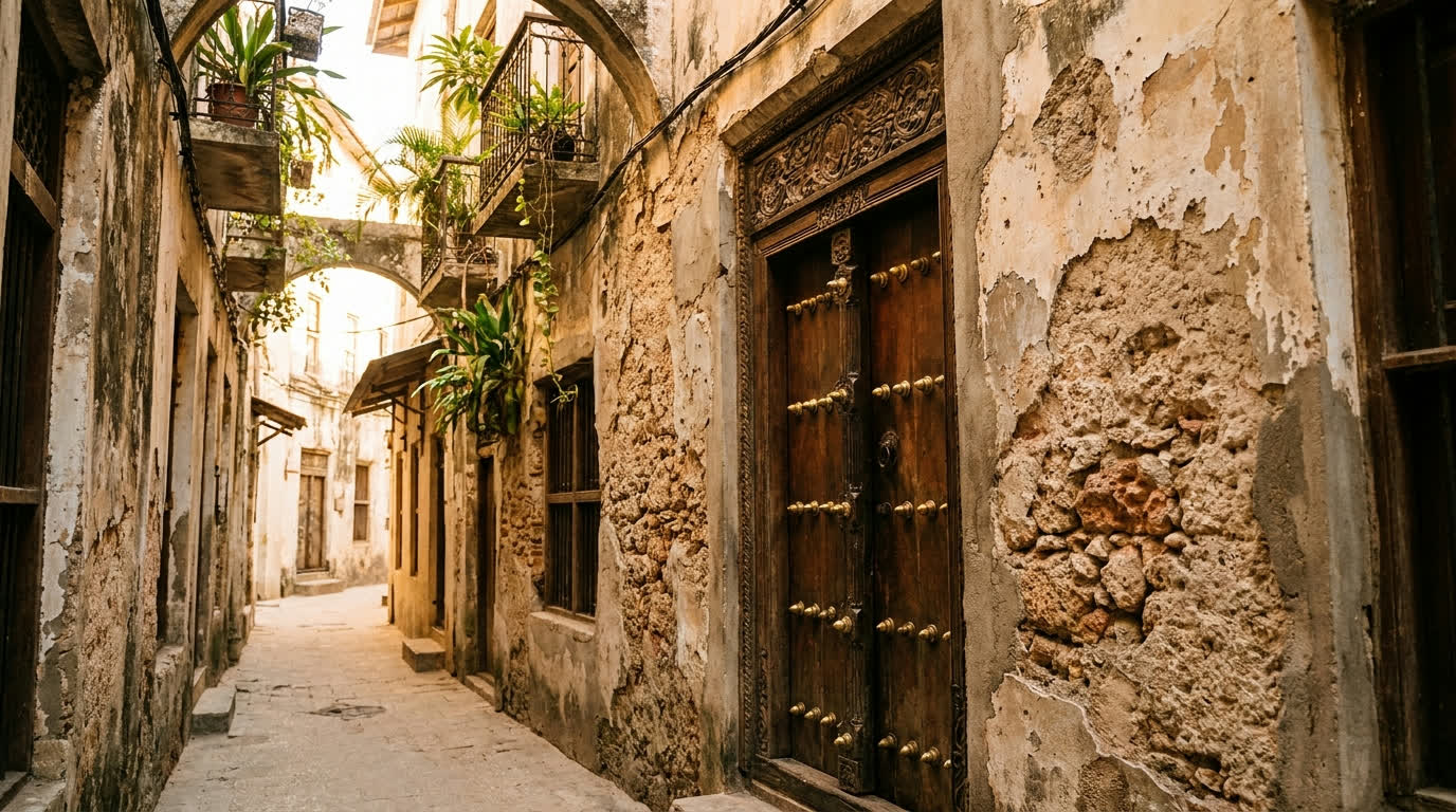 Carved Swahili door with brass studs in a Stone Town alley, Zanzibar