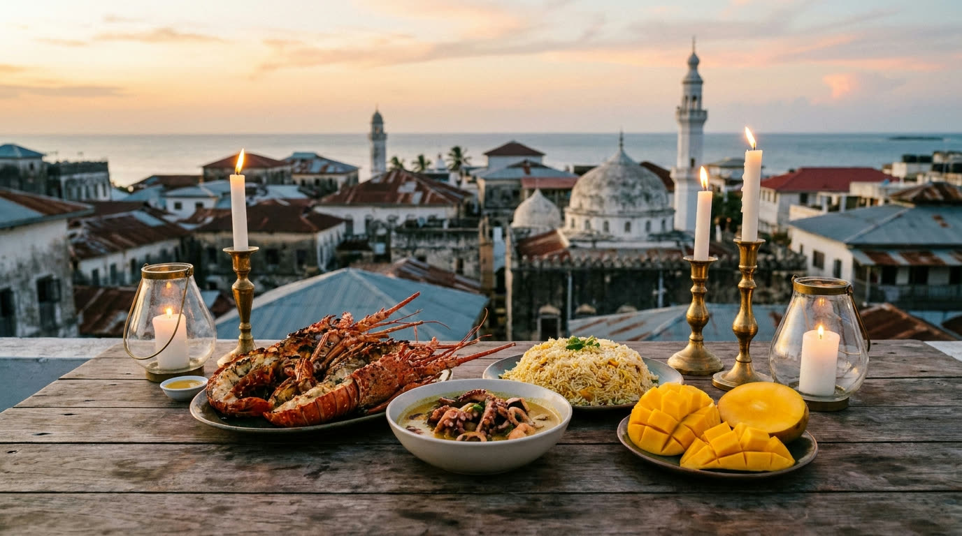 Swahili seafood feast on a rooftop overlooking Stone Town at dusk, Zanzibar